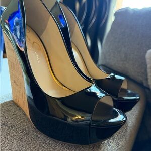 NWTIB Jessica Simpson Vegan Black Patent Wedge Heels